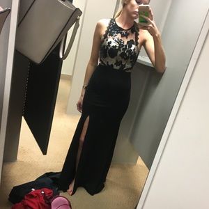Black gown with cream and black top